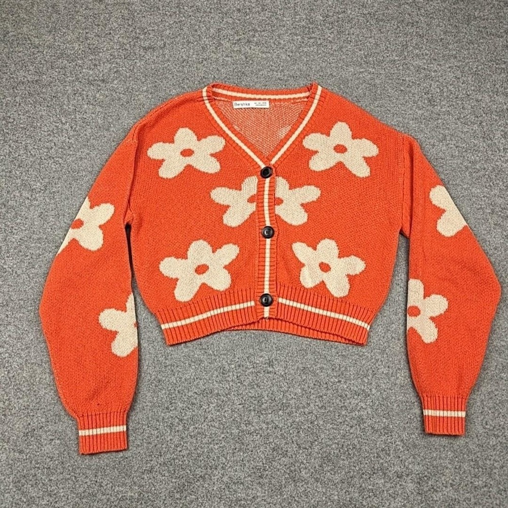 Bershka Cardigan‎ Womens Large Orange Floral Daisy Cropped V Neck Button Front